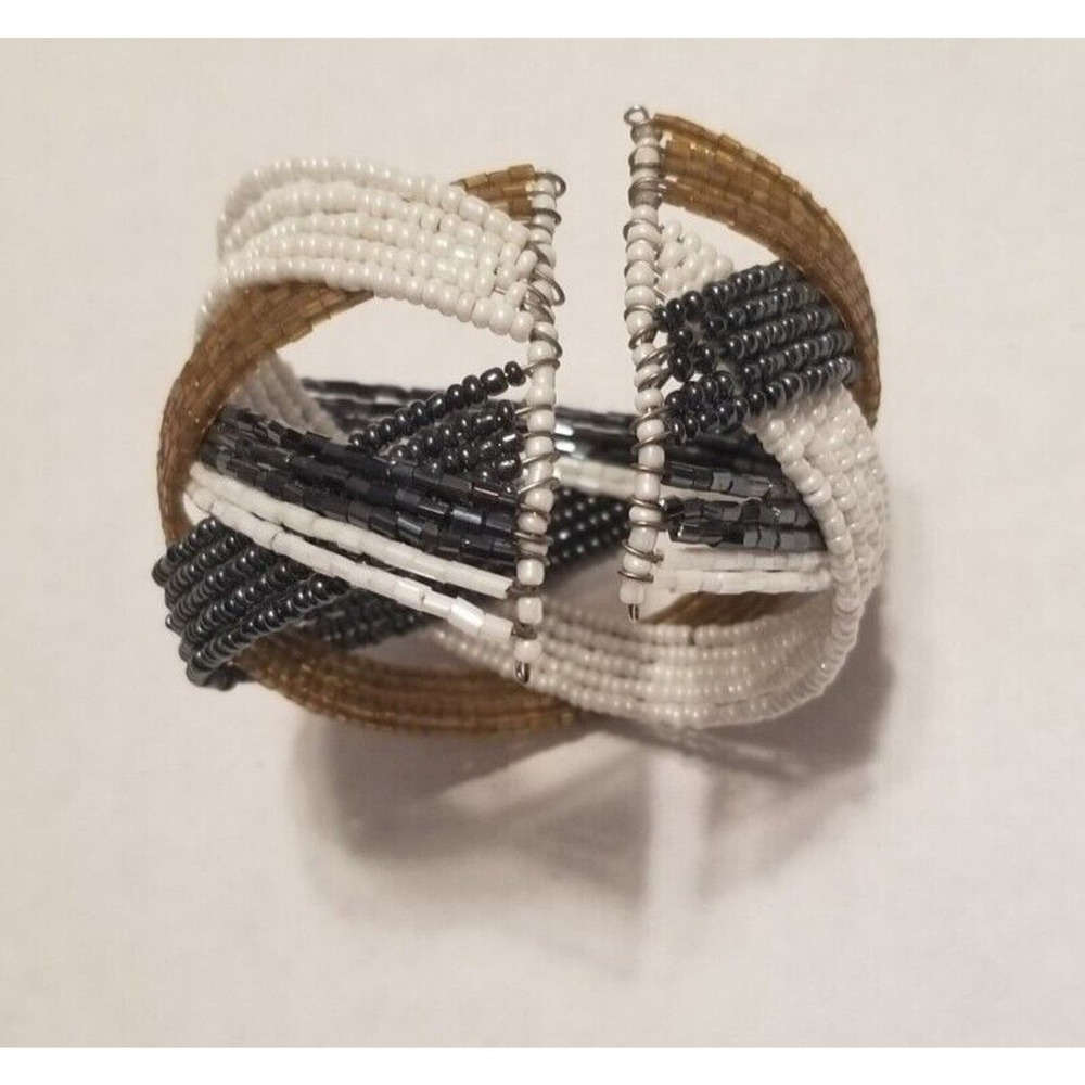 VTG White, Gold, Black Tone Bracelet Twisted Beaded Cuff Band Wide Retro Bangle - Picture 2 of 5